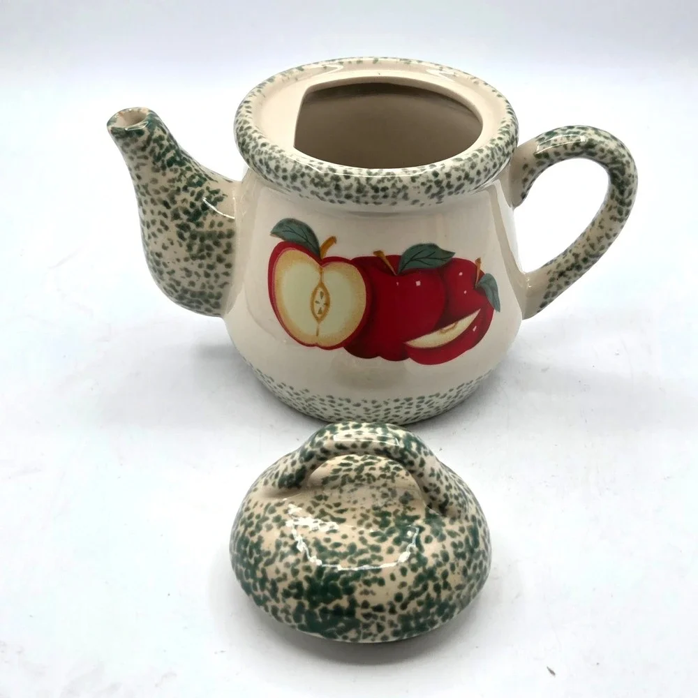 Vintage 1996 Tender Heart Treasures Ceramic Teapot Red Apples & Green Spongeware